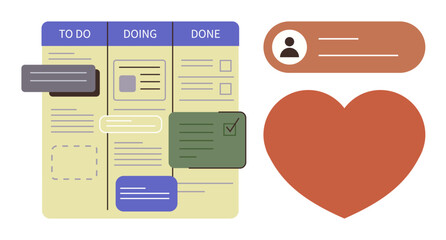 Task board with columns for to-do, doing, done user profile detail, large heart. Ideal for teamwork, productivity, planning, collaboration, organization task tracking positive effort simple flat © robu_s