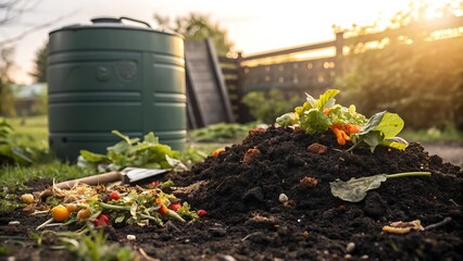 A composting process in a garden with dark rich soil