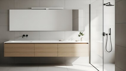 Modern Minimalist Bathroom with Wooden Vanity and Glass Shower.
