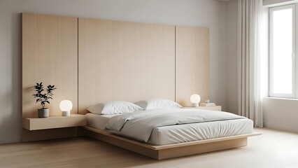 Modern minimalist bedroom design with wooden bed frame and headboard.