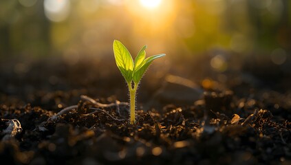 Macro shot of young green seedling growing in fertile soil under golden sunlight