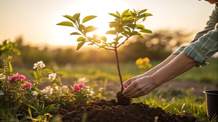 Hands carefully planting a young tree in rich dark soil