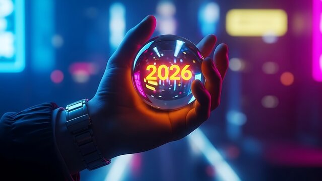 Hand holding crystal ball with the year 2026 glowing inside against a futuristic city background