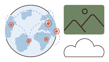 Earth with connection points, cloud outline, and image frame represent global collaboration, cloud storage, and digital sharing. Ideal for network, innovation, technology, storage business