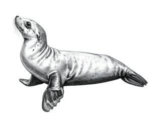 Detailed grayscale drawing of a sea lion, showing precise lines and shading on a dark backdrop