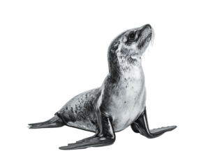 A grayscale depiction of a sea lion, posed against a stark black background