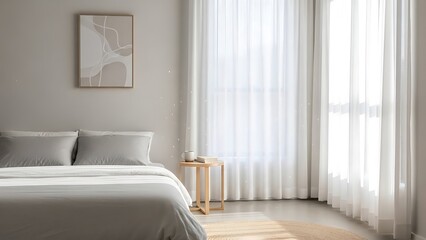 Sunlit modern bedroom interior with green bedding and sheer curtains.