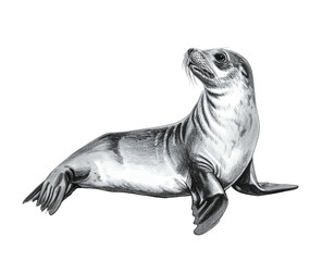 Black and white illustration of a sea lion looking up, drawn with shading details