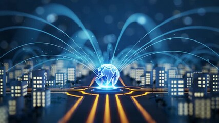 Futuristic cityscape with digital globe, connectivity and technology concepts, perfect for modern designs - Powered by Adobe