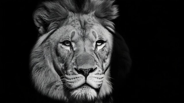 Stunning black and white lion portrait showcasing majestic features and intense gaze