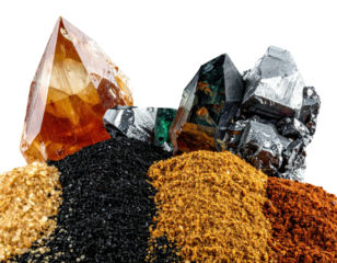 Colorful mineral arrangement with crystals atop various colored powders against a black backdrop