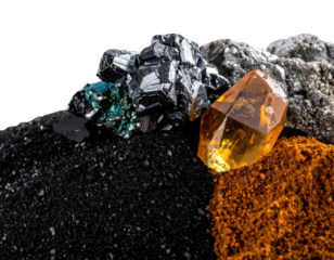 A close-up arrangement of various colorful gemstones and minerals