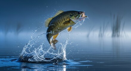 Bass fish leaps from water creating splash in aquatic habitat a dynamic wildlife scene showcasing power agility and natural beauty