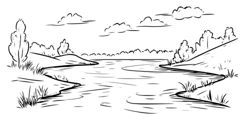 Calm river landscape with trees and clouds nature vector sketch