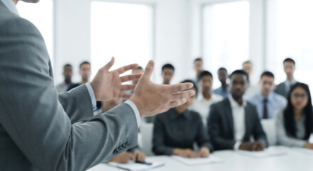 A confident speaker presents to a diverse audience in a bright conference room