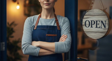 A confident woman in a blue apron stands with arms crossed at her shop's entrance, an 'OPEN' sign on the door welcoming patrons