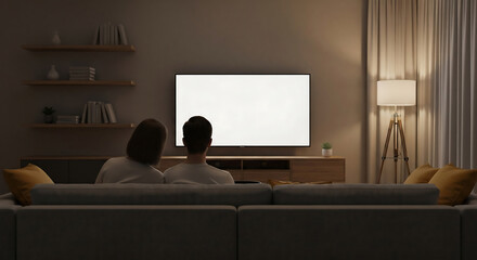 A couple watches television together in a cozy living room setting. The scene is dim with warm lighting, focusing attention on the blank screen