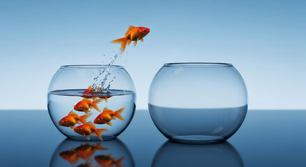 A determined goldfish leaps from a crowded fishbowl into a new, empty one