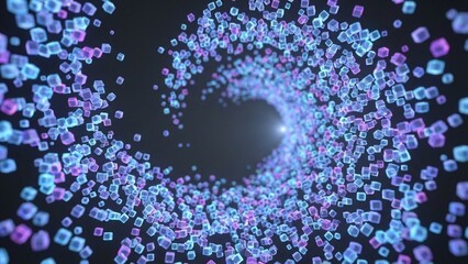 Mesmerizing vortex of glowing blue and purple cubes, perfect for futuristic designs, technology concepts, and abstract backgrounds with dynamic energy.