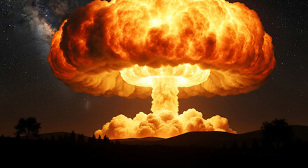 A massive nuclear explosion erupts, forming a fiery mushroom cloud against a starlit night sky