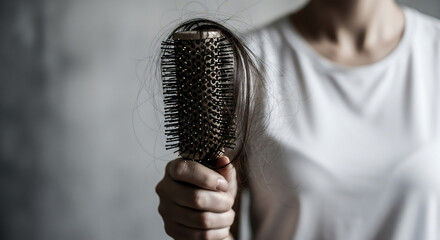 A person's hand holds a hairbrush densely packed with strands of lost hair, powerfully depicting the issue of hair loss