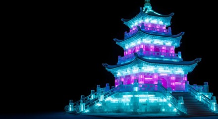 Vibrantly lit ice pagoda sculpture at Harbin Ice Festival showcasing intricate traditional Chinese architecture for winter celebration concept