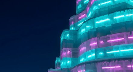 Architectural ice tower illuminated by glowing neon blue and magenta LED lights at night, capturing a Harbin Ice Festival concept and modern winter art