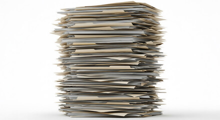 A tall stack of files and documents against a white background. Illustrates workload, bureaucracy, and paperwork in a modern office