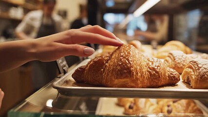 Close-up of a hand selecting a delicious golden croissant from a pastry shop display case. - Powered by Adobe