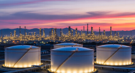 An illuminated oil refinery at dusk, industrial landscape with storage tanks in the foreground. The sunset sky adds a vibrant touch