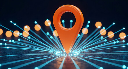 An orange 3D location pin stands central, surrounded by a luminous network of glowing blue lines and dots on a dark, digital background