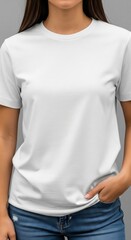 Front view of a young woman in a plain white cotton t-shirt mockup
