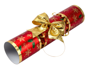 Festive cylindrical tube, red with gold accents, tied with a golden bow, isolated on black