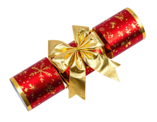 Festive red & gold Christmas cracker with snowflake accents and a shiny golden bow