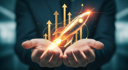 Businessman holding a golden rocket launch. Concept of business startup, investment, and financial growth