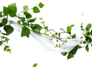 A winding vine with vibrant green leaves entwined with flowing white fabric against a black background