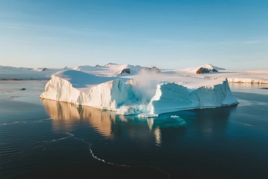 A large iceberg floats in calm waters under a clear blue sky, with snow-covered mountains in the background.