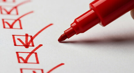 Close-up of a red marker marking checklist boxes on white paper, depicting task completion and achievement