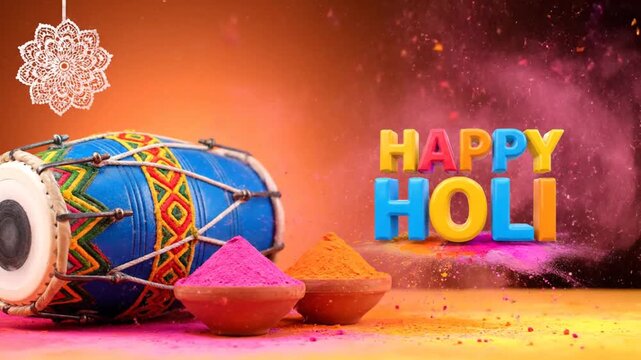 Vibrant Hindu Spring Festival "Happy Holi" Celebration with Dhol Drum and Colored Powders in India