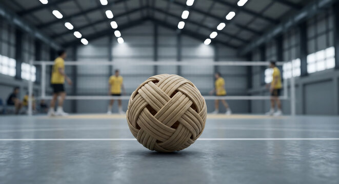 Close-up of a sepak takraw ball in a gymnasium with players in the background