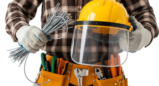 Close-up of a worker in gloves holding a yellow hard hat with face shield and electrical wires