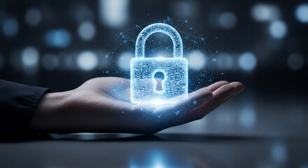 Conceptual image of digital security. A glowing padlock hovers over a hand, representing data protection and internet safety