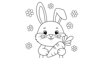 Obraz premium A cute cartoon bunny holding a carrot surrounded by simple flower shapes, presented as a black and white line drawing.