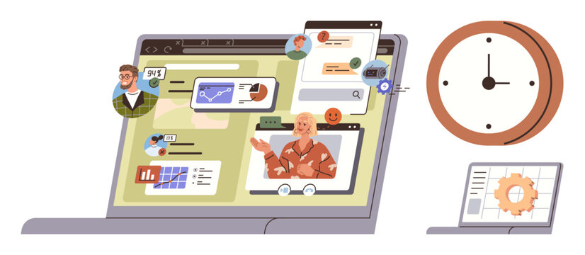 Laptop with diverse video call participants, analytics charts, browser tabs, and a clock nearby. Ideal for teamwork, online meetings, digital workspace, productivity, time management remote work