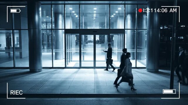 Security camera view of business people exiting a modern glass building at night