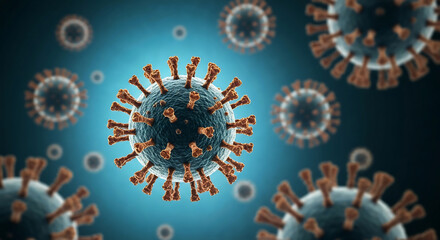 Detailed 3D rendering of a coronavirus particle, featuring distinctive spike proteins against a blue microscopic background