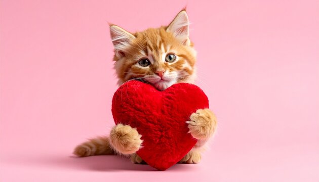 Ginger kitten hugging toy red heart. Cute cat on pink background. Valentine's Day love concept. Banner, advertisement, billboard for animal shelter, veterinary clinic