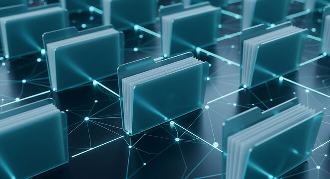 Digital folders in a network grid, symbolizing data storage, organization, and information flow - Powered by Adobe