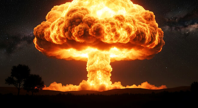 Dramatic illustration of a nuclear explosion against a starry night sky. Mushroom cloud rising over a landscape