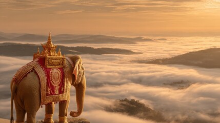 Obraz premium Sacred Elephant Stands on Mountain Overlooking Foggy Valley During Sunrise in Asian Traditions Representing Good Fortune